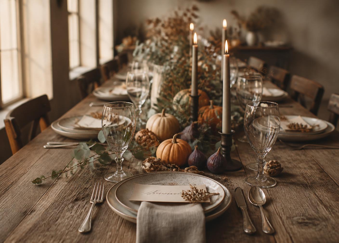 A long weathered wooden table set for an autumn harvest dinner with handmade ceramics, linen napkins, taper candles, small pumpkins, eucalyptus, and handwritten place cards in warm golden light
