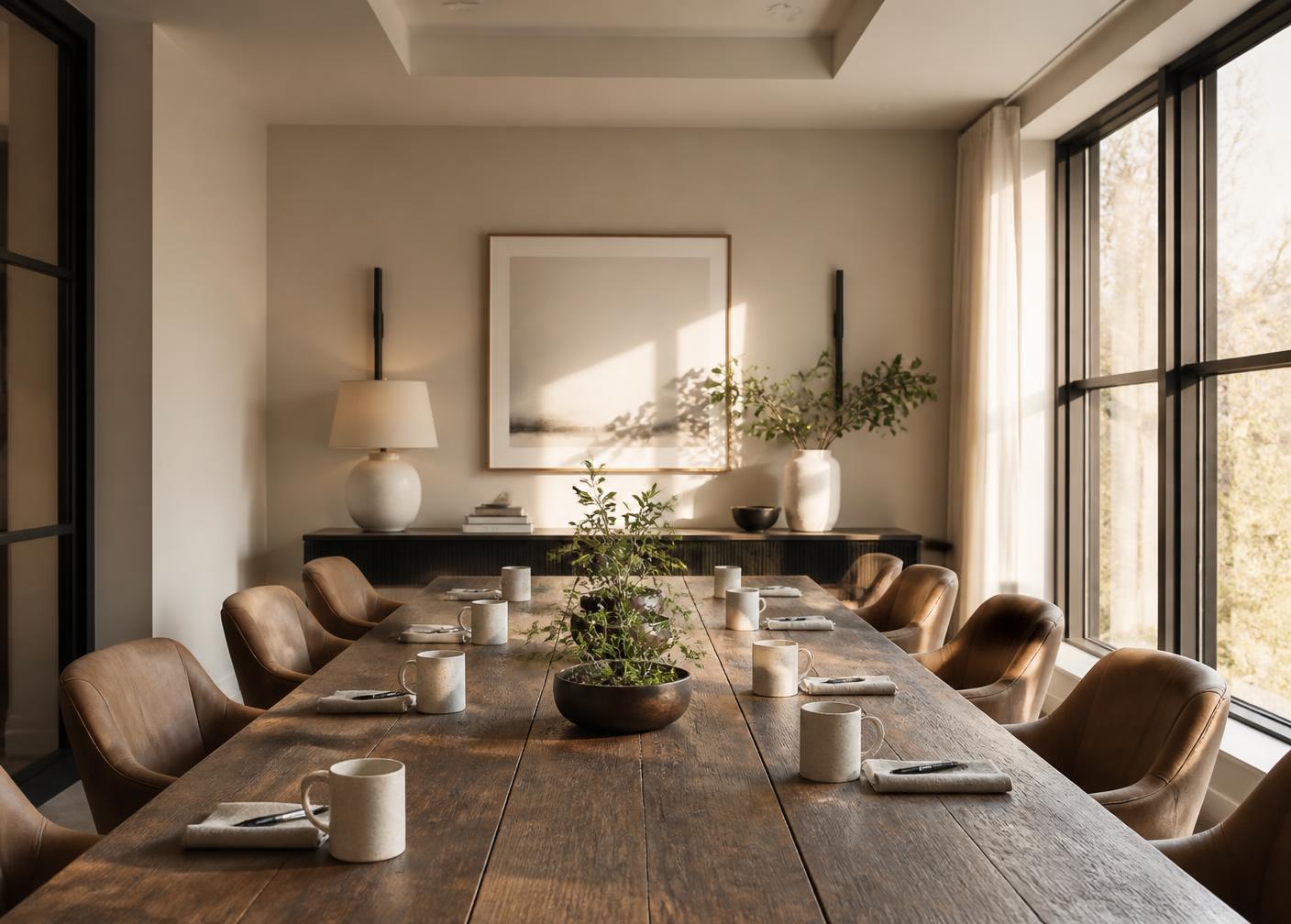 A long weathered wood table set with stoneware cups and notebooks in a sunlit meeting room, chairs waiting