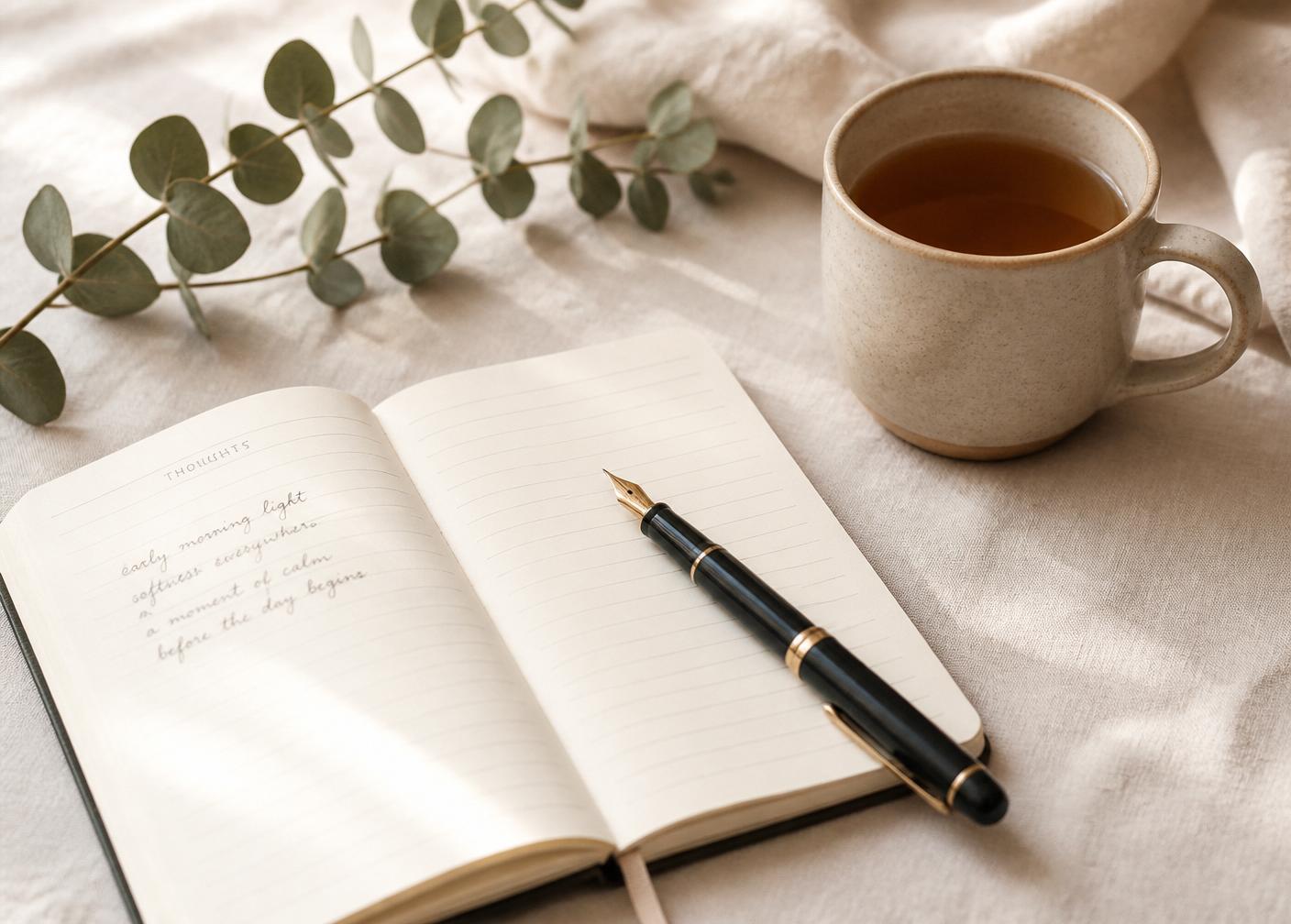 An open notebook, fountain pen, and a mug of tea on pale linen