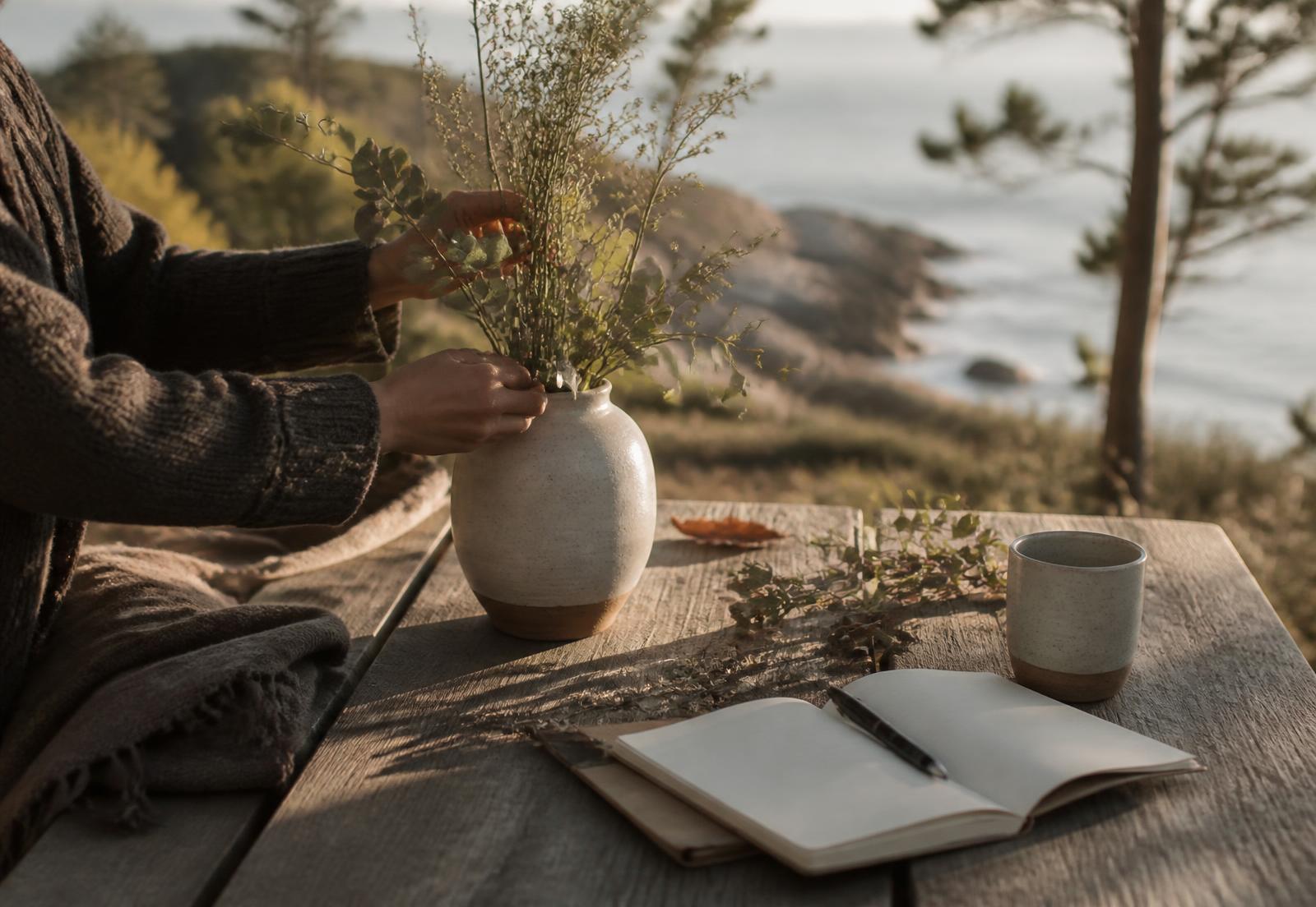 Hands arranging branches into a stoneware vase on a weathered outdoor table beside an open notebook and a wool blanket, late afternoon coastal light