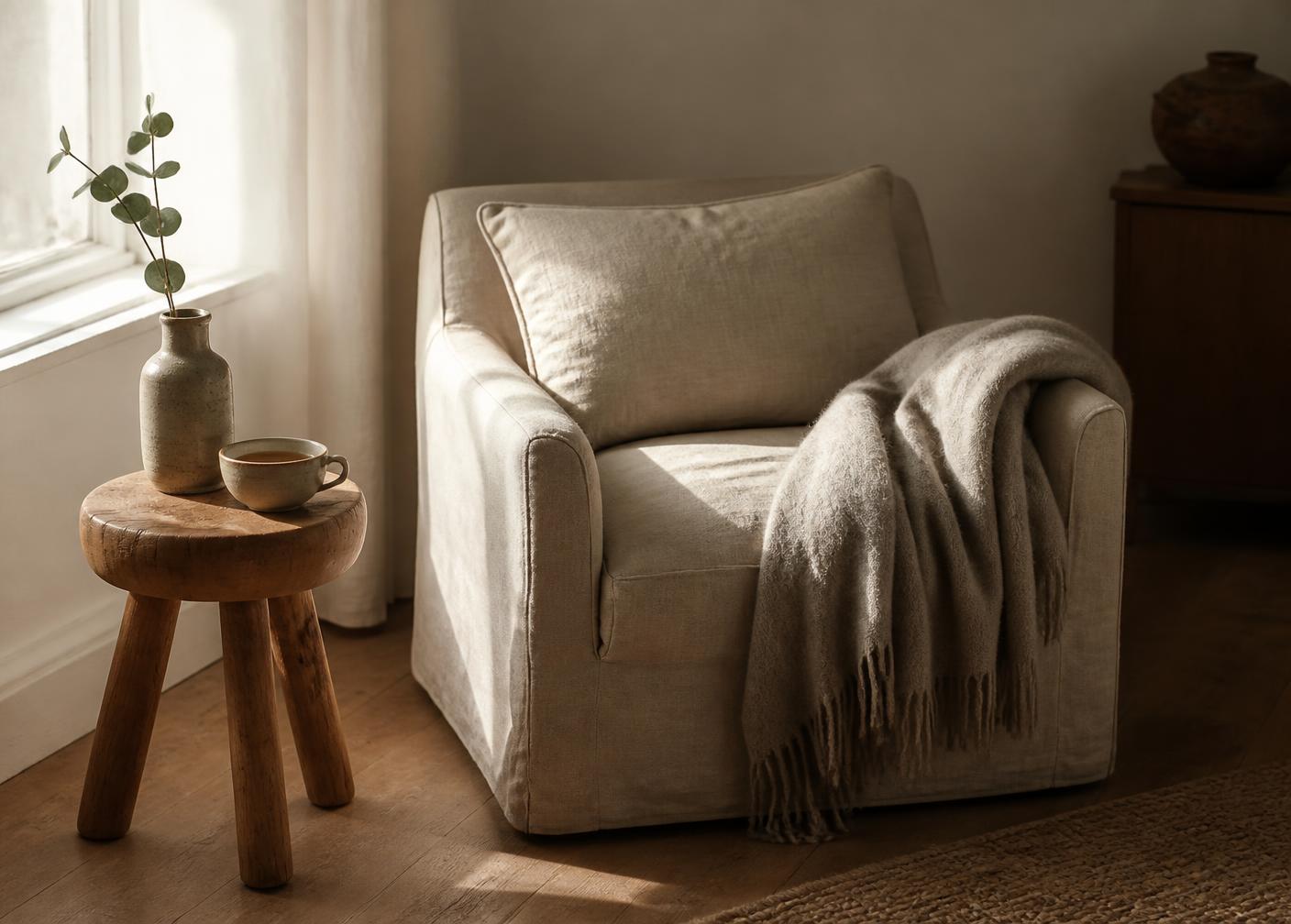 A soft linen armchair in morning light with a wool throw, a wooden side table holding a ceramic cup of tea and a small eucalyptus stem in stoneware