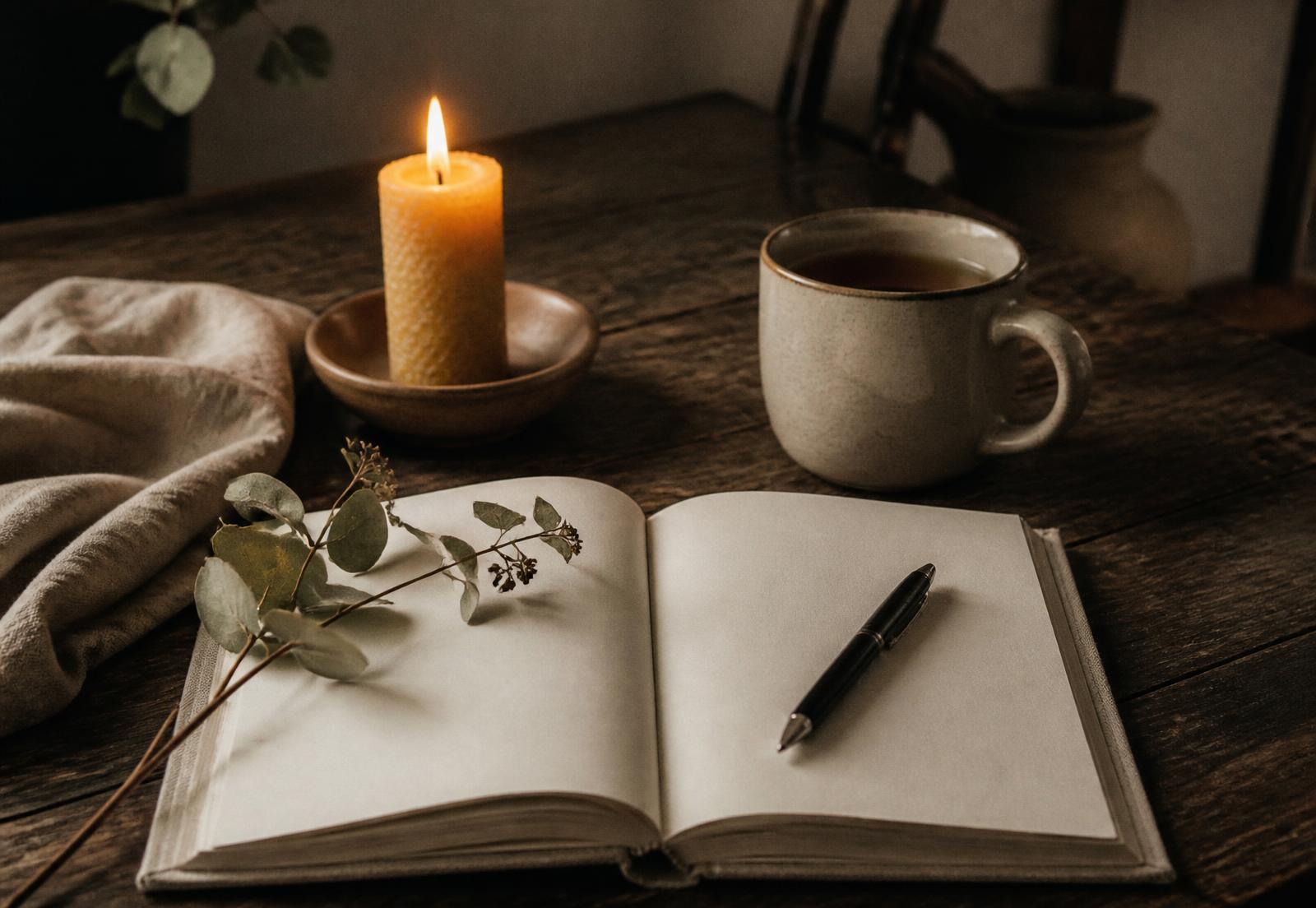 A beeswax candle, a stoneware mug of tea, and an open journal with a eucalyptus sprig on a dark wood table in warm evening lamplight